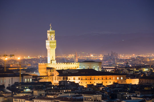 Florence, Night view of Palazzo Vecchio, Tuscany, Italy.