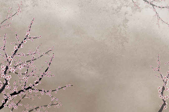 Ornamental cherry tree on rough background with place for text