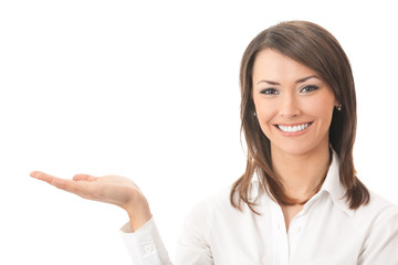 Photo of showing businesswoman, isolated on white