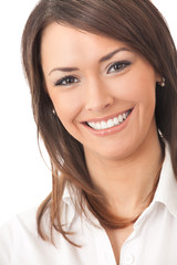 Portrait of young happy businesswoman, isolated on white