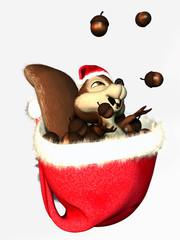 a squirrel in a christmas hat juggling acorns