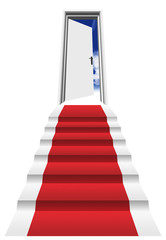 High resolution 3D red carpet on stairs in front of a o door