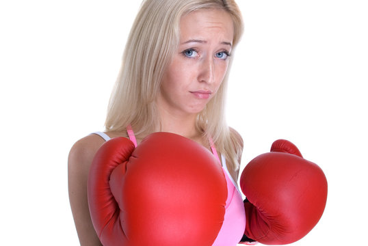 Beautiful Slavonic Woman In Red Box Gloves On White Background