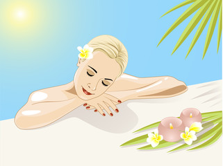 Obraz na płótnie Canvas resting girl in swimming pool wiht flowers