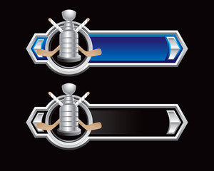 Ice hockey sticks and trophy on blue and black arrow banners