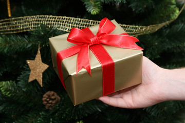 Hand holding christmas gift on christmas tree background
