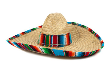 Straw Mexican Sombrero on white background - obrazy, fototapety, plakaty