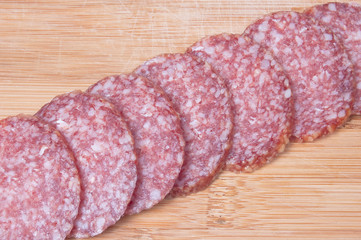 Food background of sliced salami