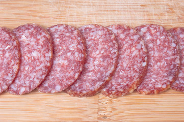 Food background of sliced salami