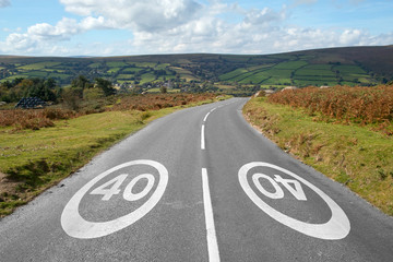 40 mph signs on a country road, Dartmoor England.