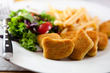 Breadcrumbed chicken with french fries  and salad
