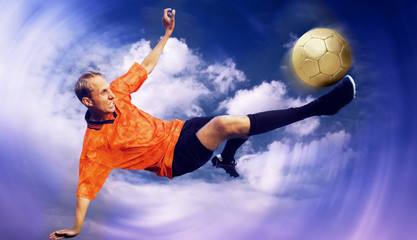 Fototapeta na wymiar Shoot of football player on the sky with clouds