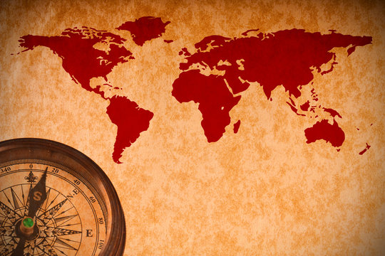 Fototapeta World map with compass on vintage paper