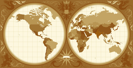 Fototapeta na wymiar World map with retro-styled hemispheres