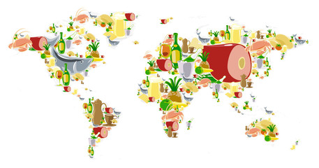 World map with food and drinks