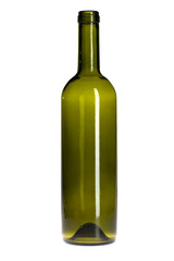 Empty green wine bottle on white