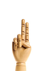 Wooden, human hand isolated on a white background