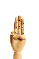 Wooden, human hand isolated on a white background