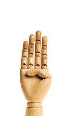 Wooden, human hand isolated on a white background