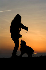 child and dog in sunset - silhouette