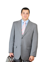 Manager and leather briefcase isolated on white