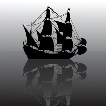 vector illustration of sailboat silhouette with reflection