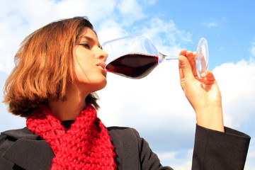 Junge Frau verkostet einen Rotwein, Rotwein, Weinglas - 17429246