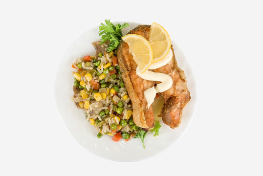 Red fish rice and vegetable