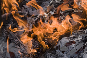 some papers burns in a big fire
