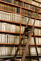 Shelves with old books in the library and wooden stepladder