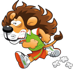 Runner Lion. Funny cartoon and vector sport character.