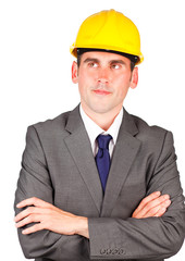 Thoughtful architect wearing a hard hat