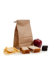 a Sack lunch with peanut butter sandwich