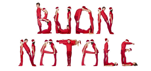 Elfs forming the phrase 'Buon Natale'