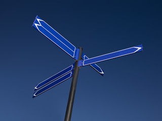 A blank signpost with six arrows