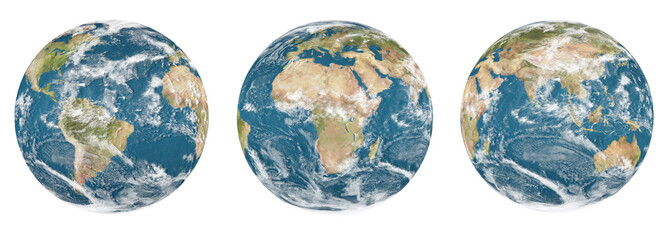 Set of 3 globes planet earth - white background - obrazy, fototapety, plakaty