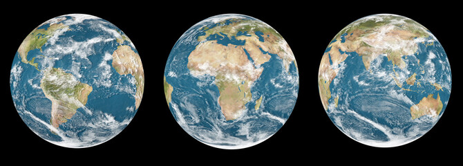 Set of 3 globes planet earth - black background