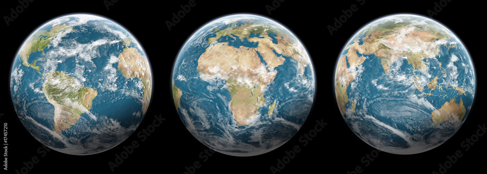 Wall mural set of 3 globes planet earth - black background