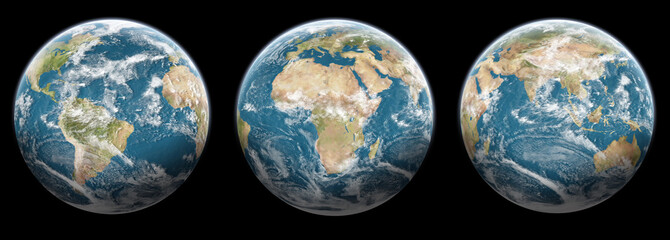 Set of 3 globes planet earth - black background - obrazy, fototapety, plakaty