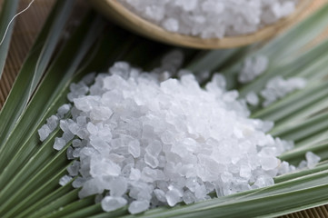 bath salt and palm leaf