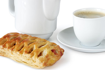 Coffee with sweet pie isolated on white