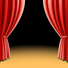 Red theater curtain on black background. Vector illustration.