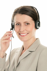Portrait of attractive mature woman wearing headset