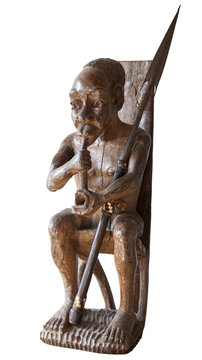 African statuette of old man smoking pipe + spear - Gabon