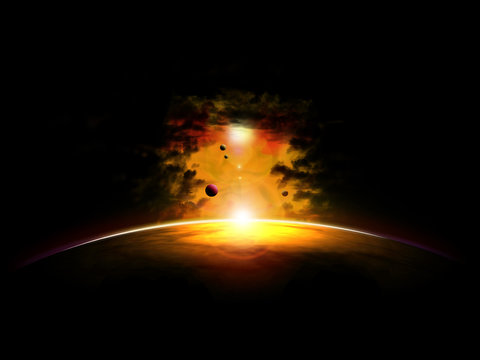 coucher de  soleil sur planete