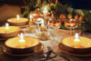 Christmas dinner table with christmas mood
