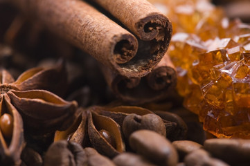 aroma coffe. ingredients. coffe beens, anise, cinnamon, sugar