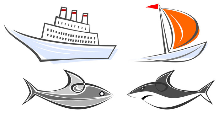 Set of marine icons - ocean liner, yacht, shark and fish