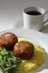 St Helena delicacy of tuna fish cakes rice and coffee