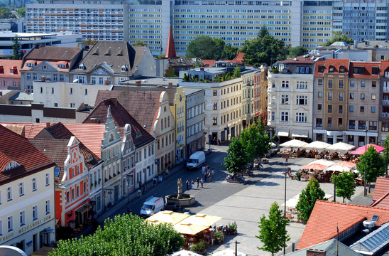 aerial view on the city of cottbus, germany, altmarkt market